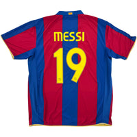 2007-08 Barcelona Thuis Shirt Messi #19 - 9/10 - (XL) - Oldschool Voetbalshirts