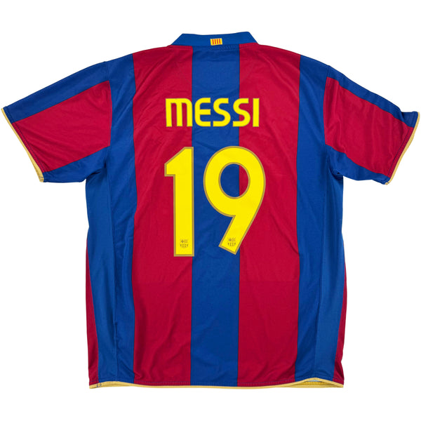 2007-08 Barcelona Thuis Shirt Messi #19 - 9/10 - (XL) - Oldschool Voetbalshirts