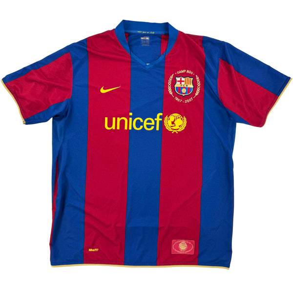 2007-08 Barcelona Thuis Shirt Messi #19 - 9/10 - (XL) - Oldschool Voetbalshirts