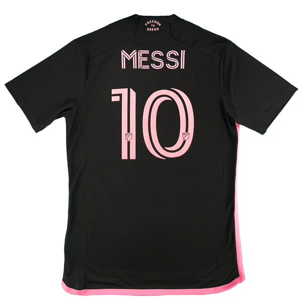 Zwart met roze Inter Miami uit voetbalshirt met Lionel Messi bedrukking uit seizoen 2023 - 2024 achterkant