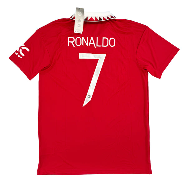 Rood Manchester United thuis voetbalshirt uit seizoen 2022 - 2023 met Cristiano Ronaldo bedrukking achterkant