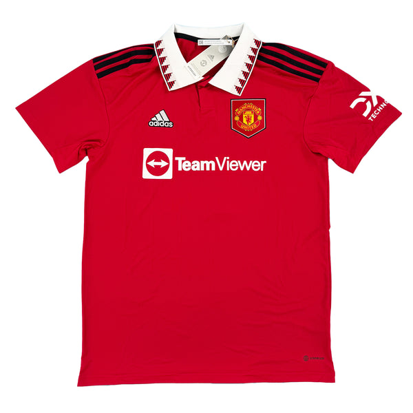 Rood Manchester United thuis voetbalshirt uit seizoen 2022 - 2023 met Cristiano Ronaldo bedrukking voorkant