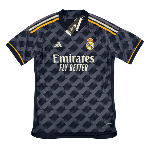 Donker Real Madrid uit voetbalshirt uit seizoen 2023 - 2024 voorkant