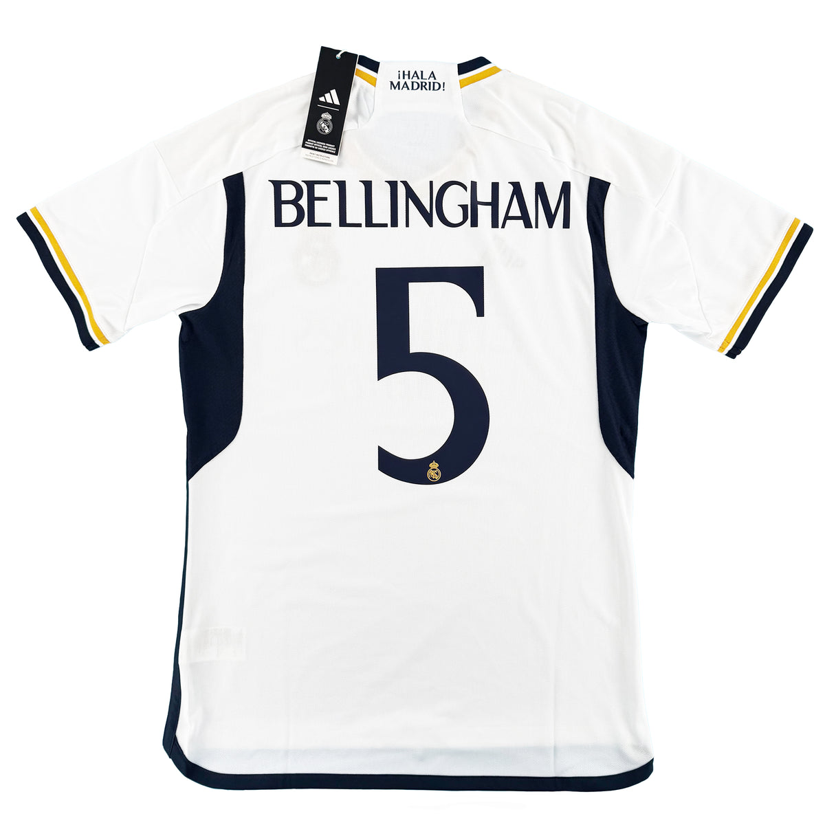 Wit Real Madrid thuis voetbalshirt met Jude Bellingham bedrukking uit seizoen 2023 - 2024 achterkant