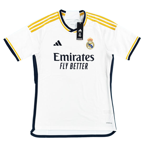 Wit Real Madrid thuis voetbalshirt met Jude Bellingham bedrukking uit seizoen 2023 - 2024 voorkant